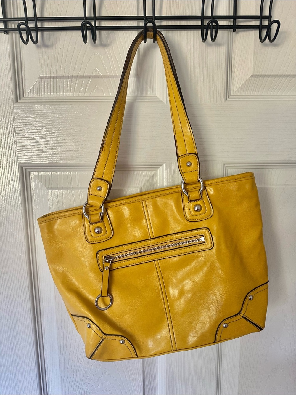 Nine West Mustard Yellow 10x14 Handbag 3 Zips Silver Hardware Leopard Lining